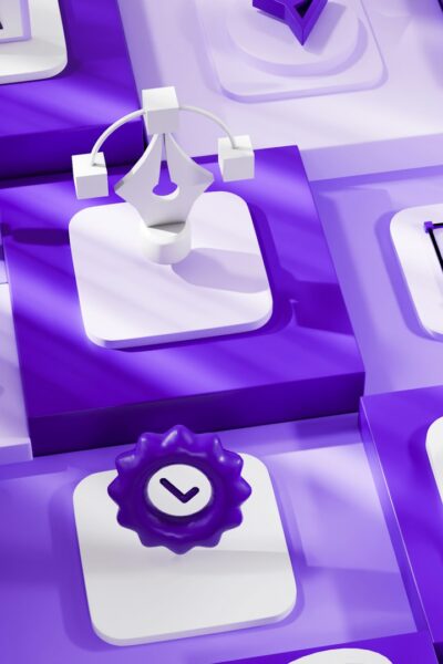 icones 3D abstraites violettes et blanches disposees en grille