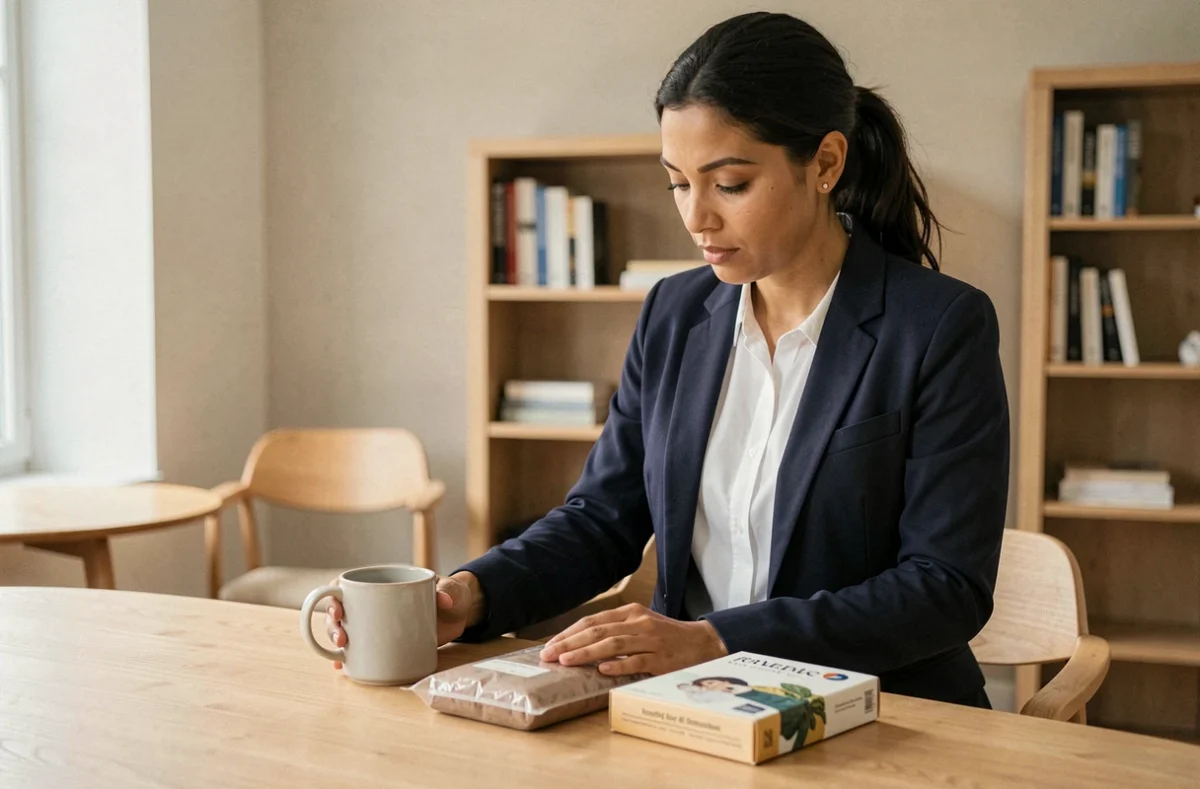 Femme professionnelle examinant trois types de produits différents sur une table en bois dans un bureau minimaliste
