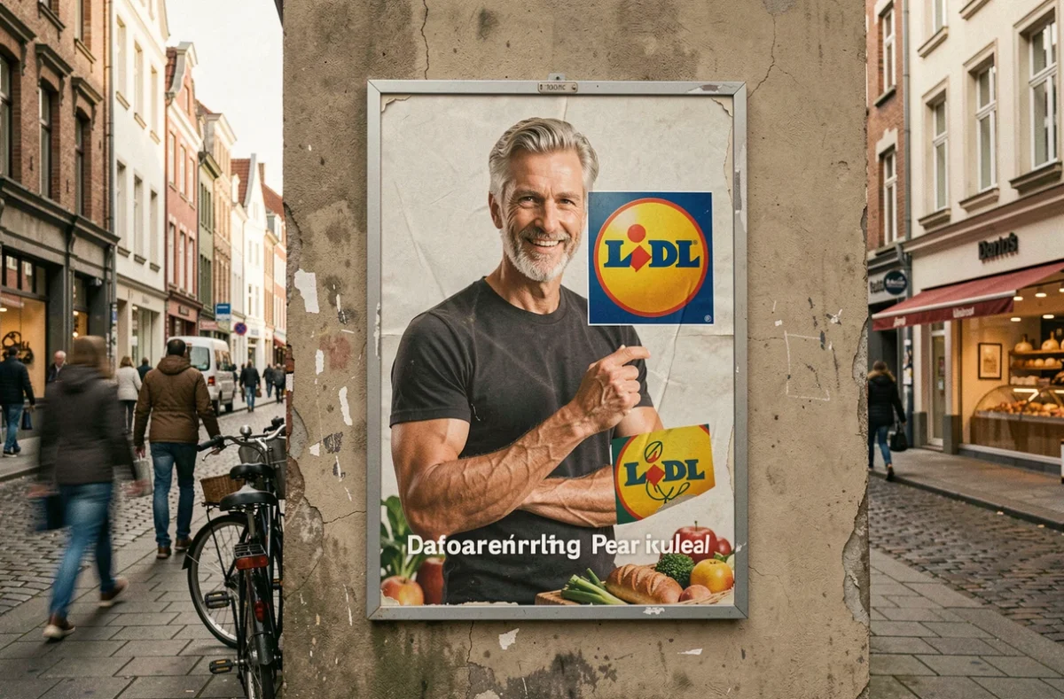 Affiche publicitaire urbaine représentant une célébrité musclée aux cheveux argentés faisant la promotion de Lidl dans une rue européenne