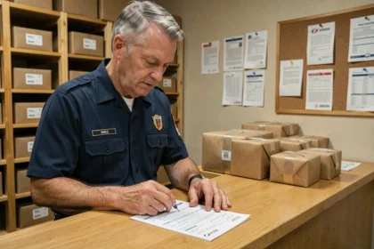 Agent postal remplissant un formulaire douanier CN22 au guichet d'un bureau de poste
