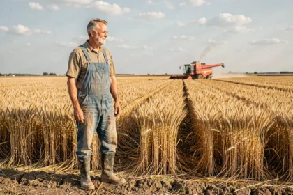 Agriculteur en salopette debout au bord d'un champ de blé en pleine récolte, exploitation céréalière en France