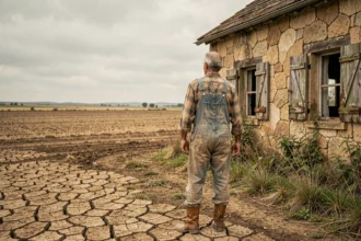 Agriculteur âgé devant une ferme abandonnée dans une zone rurale isolée, illustrant les difficultés économiques du monde agricole