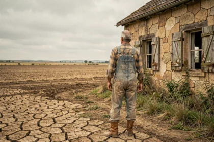 Agriculteur âgé devant une ferme abandonnée dans une zone rurale isolée, illustrant les difficultés économiques du monde agricole