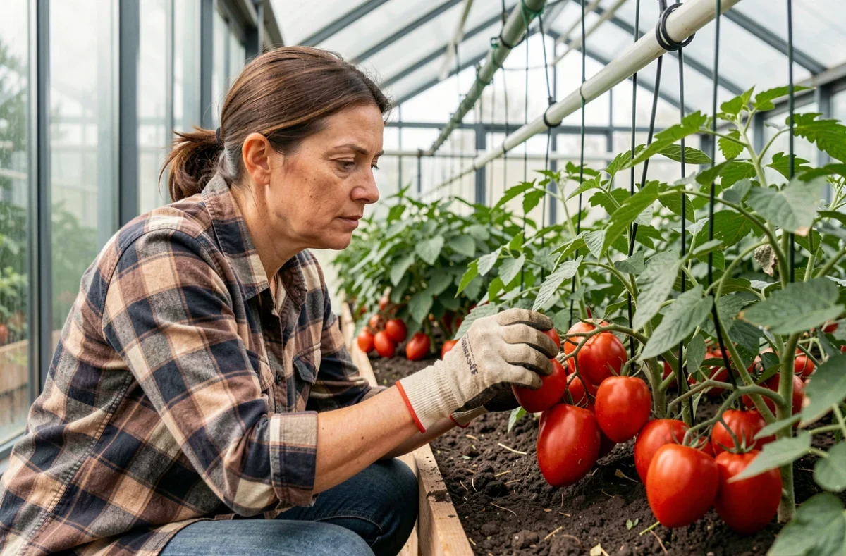 Agricultrice inspectant des tomates dans une serre maraîchère moderne, exploitation horticole sous serre