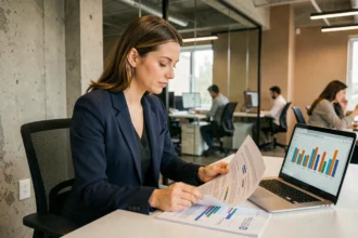 Une professionnelle analyse des tableaux de coûts publicitaires dans un bureau moderne