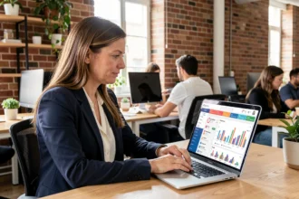 Femme professionnelle analysant des statistiques de publicité sur les réseaux sociaux sur un ordinateur portable dans un espace de coworking moderne