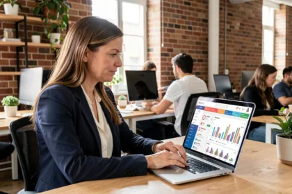 Femme professionnelle analysant des statistiques de publicité sur les réseaux sociaux sur un ordinateur portable dans un espace de coworking moderne
