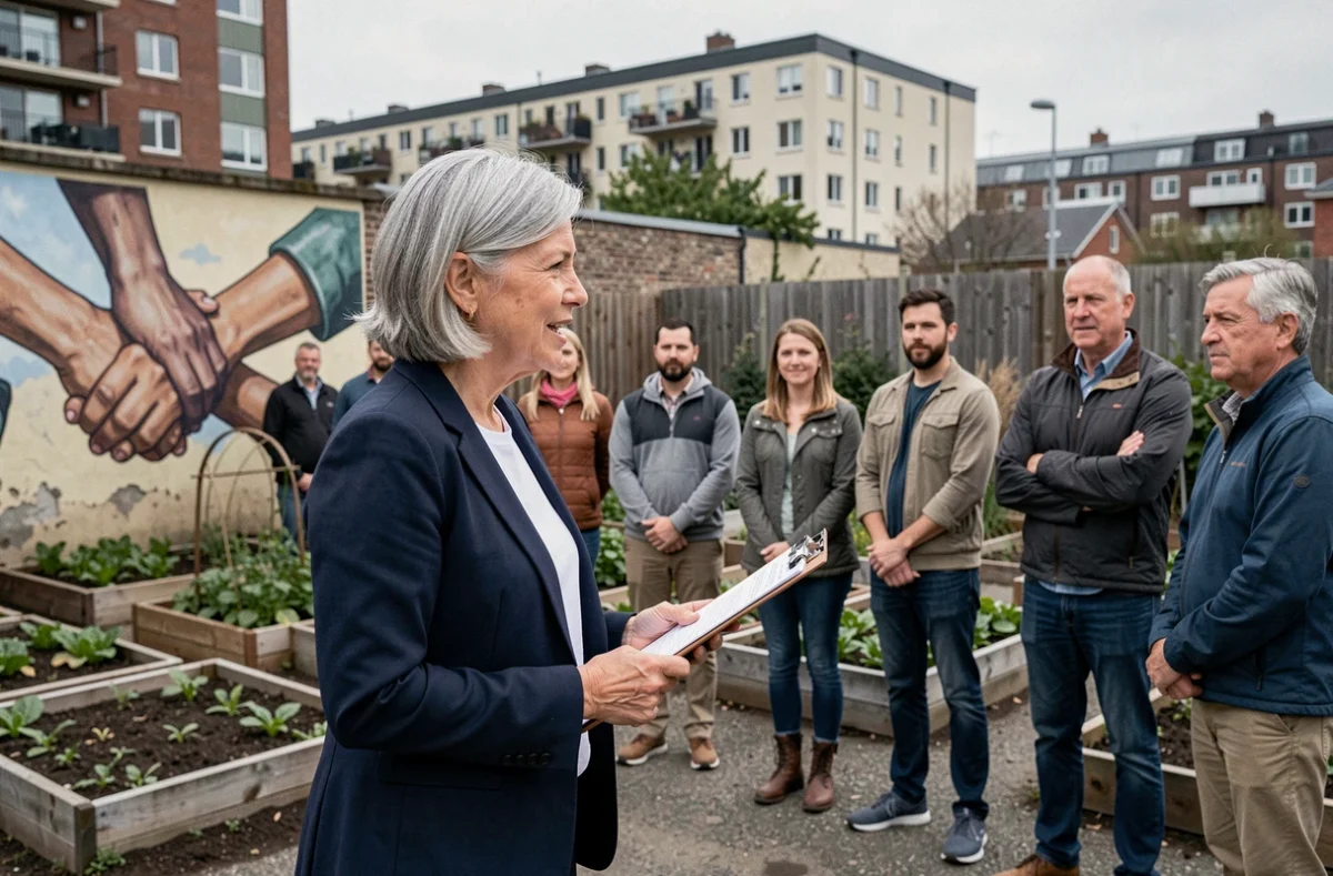 Femme animant une réunion citoyenne dans un jardin partagé urbain illustrant la démocratie participative de l'ESS