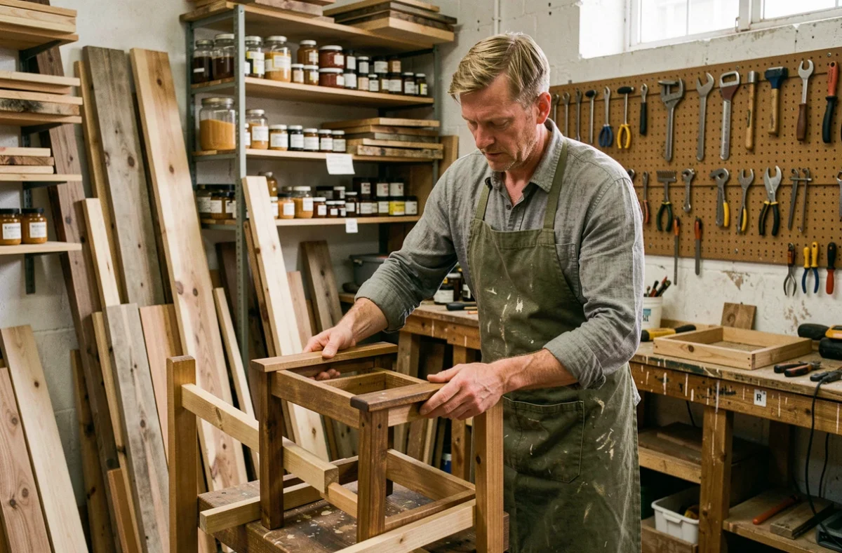 Artisan réparant des meubles en bois recyclés dans un atelier de réemploi urbain, symbole de l'économie circulaire et de la lutte contre le gaspillage