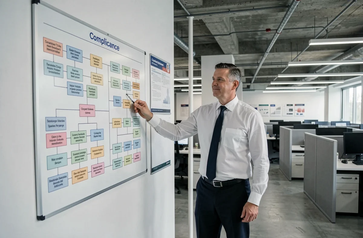 Auditeur masculin debout devant un organigramme de hiérarchie de conformité dans un bureau en open space