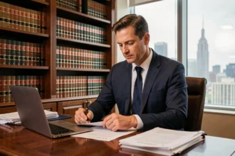 Avocat d'affaires en costume bleu marine assis à son bureau dans un cabinet juridique prestigieux, entouré de dossiers et de livres de droit