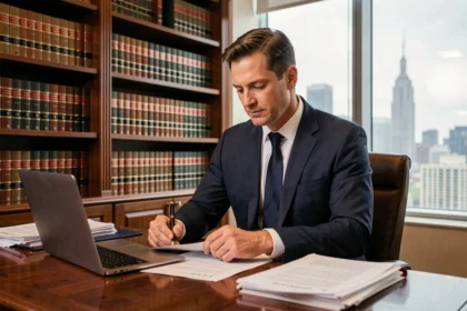 Avocat d'affaires en costume bleu marine assis à son bureau dans un cabinet juridique prestigieux, entouré de dossiers et de livres de droit