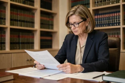 Avocate examinant des documents juridiques pour prouver une faute intentionnelle