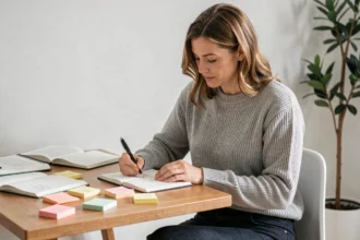Femme réfléchissant à ses axes de développement personnel dans un bureau minimaliste avec un carnet de notes ouvert