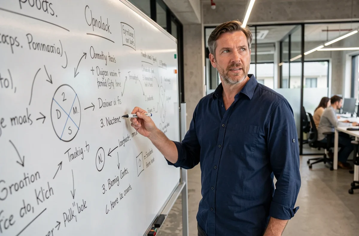 Manager analysant ses objectifs de développement professionnel devant un tableau blanc dans un bureau moderne