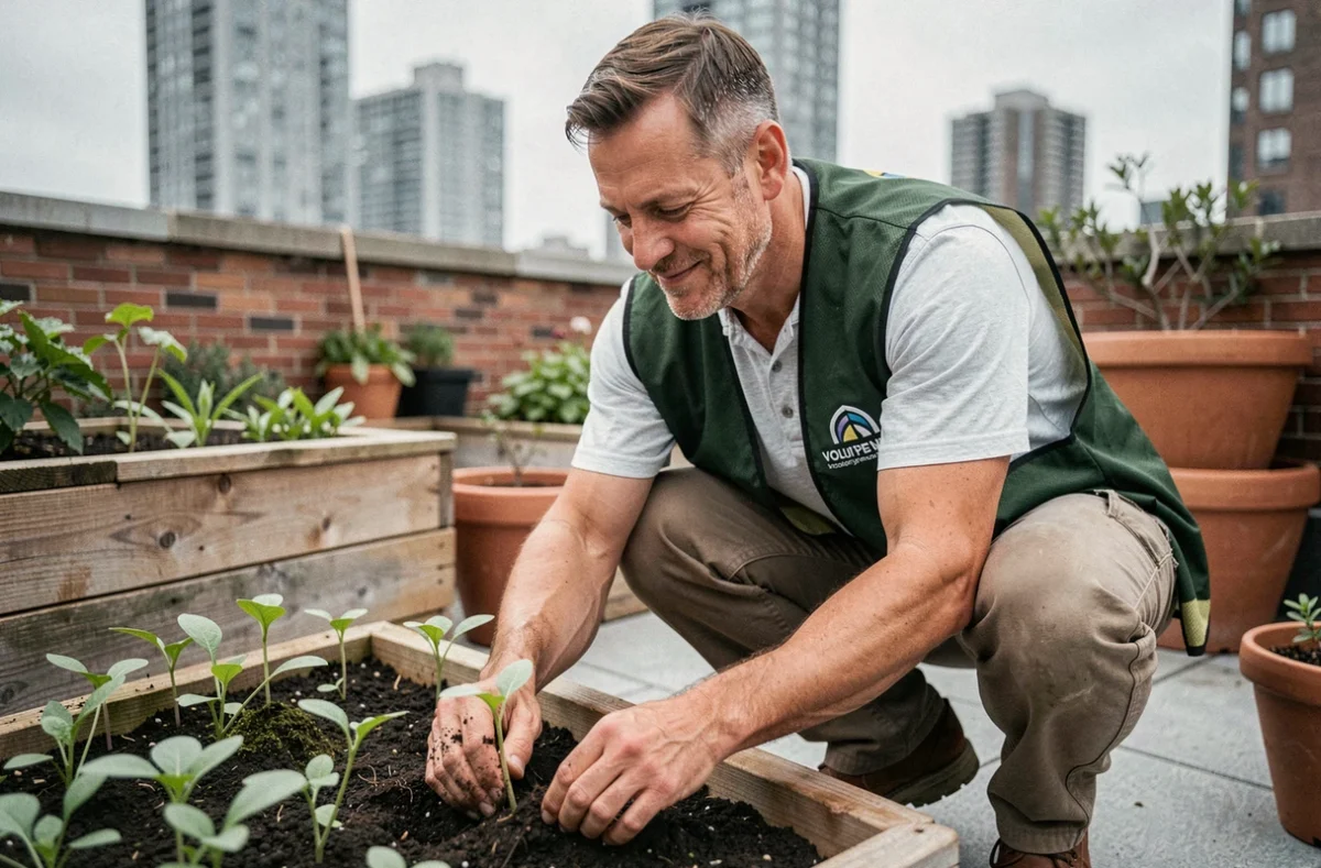 Bénévole d'entreprise participant à un projet de jardinage communautaire urbain dans le cadre de la RSE