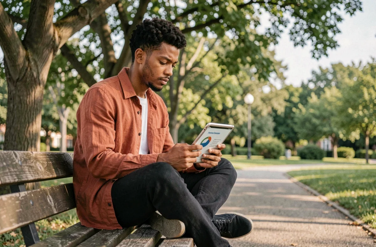 Jeune adulte consultant un bilan de compétences sur tablette dans un parc, explorant ses axes de progression