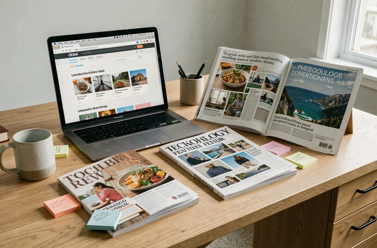 Bureau à domicile avec trois magazines ouverts de catégories différentes — cuisine, technologie et voyage — posés près d'un ordinateur