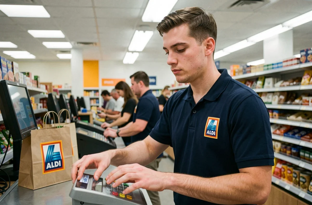 Caissier en uniforme ALDI scannant des articles à la caisse d'un supermarché discount avec des clients floutés en arrière-plan