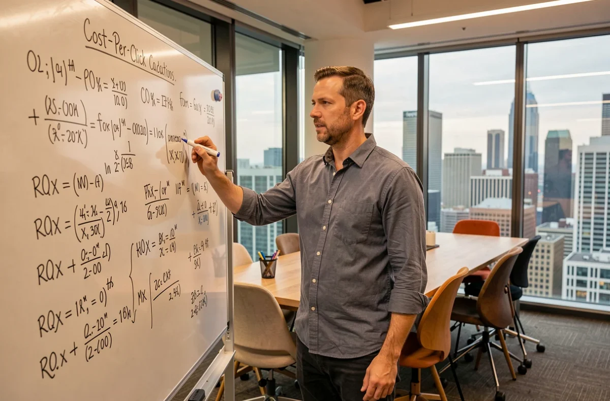 Un homme présente des méthodes de calcul de budget publicitaire sur un tableau blanc en réunion