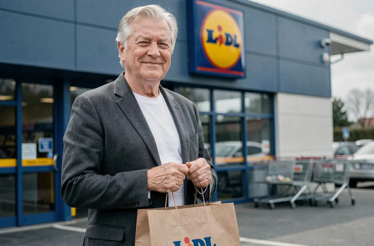 Homme célèbre tenant un sac Lidl devant l'entrée d'un magasin Lidl avec façade jaune et bleue