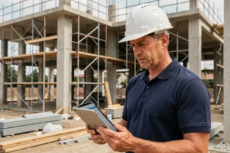Chef de chantier vérifiant les documents d'un fournisseur BTP sur tablette pour éviter les mauvaises surprises