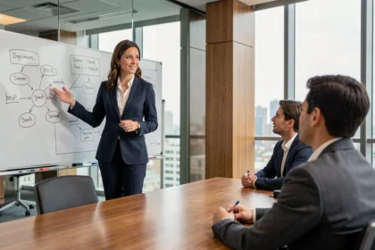 Coach en leadership d'entreprise animant une session stratégique en salle de réunion moderne