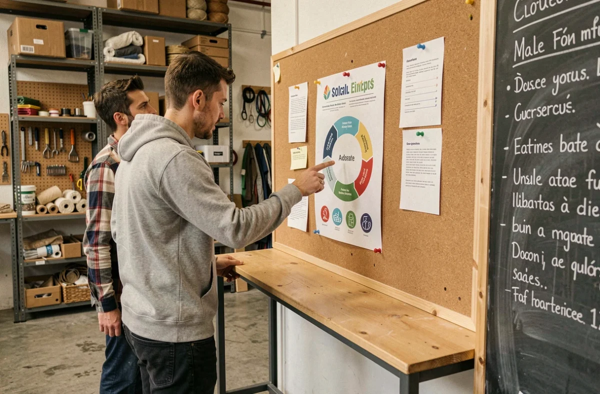 Deux collaborateurs d'une entreprise sociale analysant un schéma d'économie circulaire dans un atelier solidaire