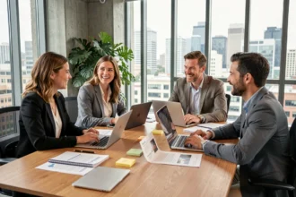 Équipe de professionnels collaborant autour d'une table de réunion en bois dans un bureau moderne avec vue urbaine