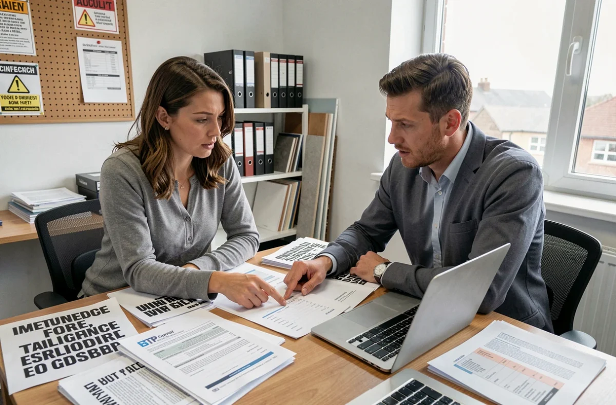 Deux professionnels BTP comparant des devis fournisseurs dans un bureau de chantier pour sécuriser leurs achats