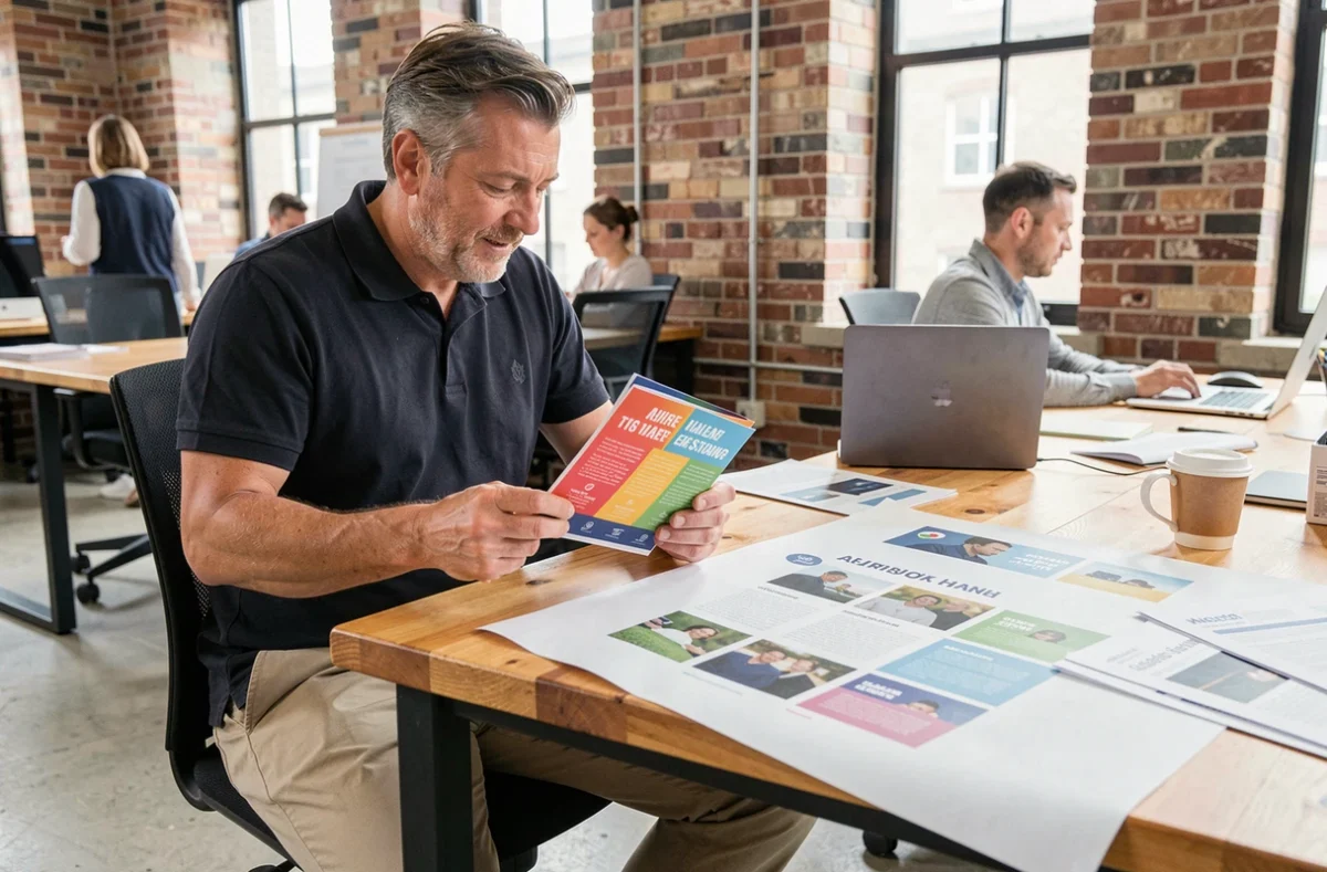 Homme comparant des flyers et une affiche grand format sur un bureau dans un espace de coworking, pour illustrer leurs différences de taille et d'usage