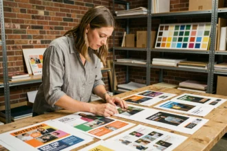 Designer comparant des flyers et des affiches imprimés sur une table de travail en studio
