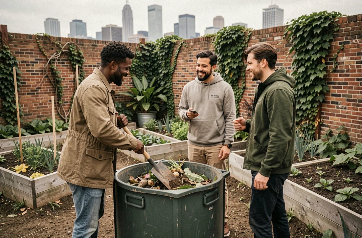 Groupe de citoyens gérant un composteur collectif dans un jardin urbain partagé, représentant les pratiques d'économie circulaire contre le changement climatique