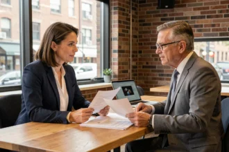 Une femme entrepreneur discute avec un conseiller d'affaires autour de documents pour créer son entreprise