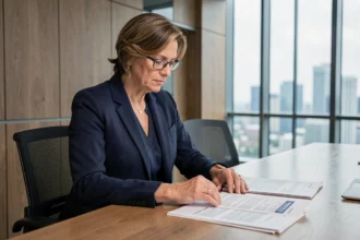 Femme cadre en blazer marine examiant des documents de conformité dans une salle de réunion d'entreprise moderne