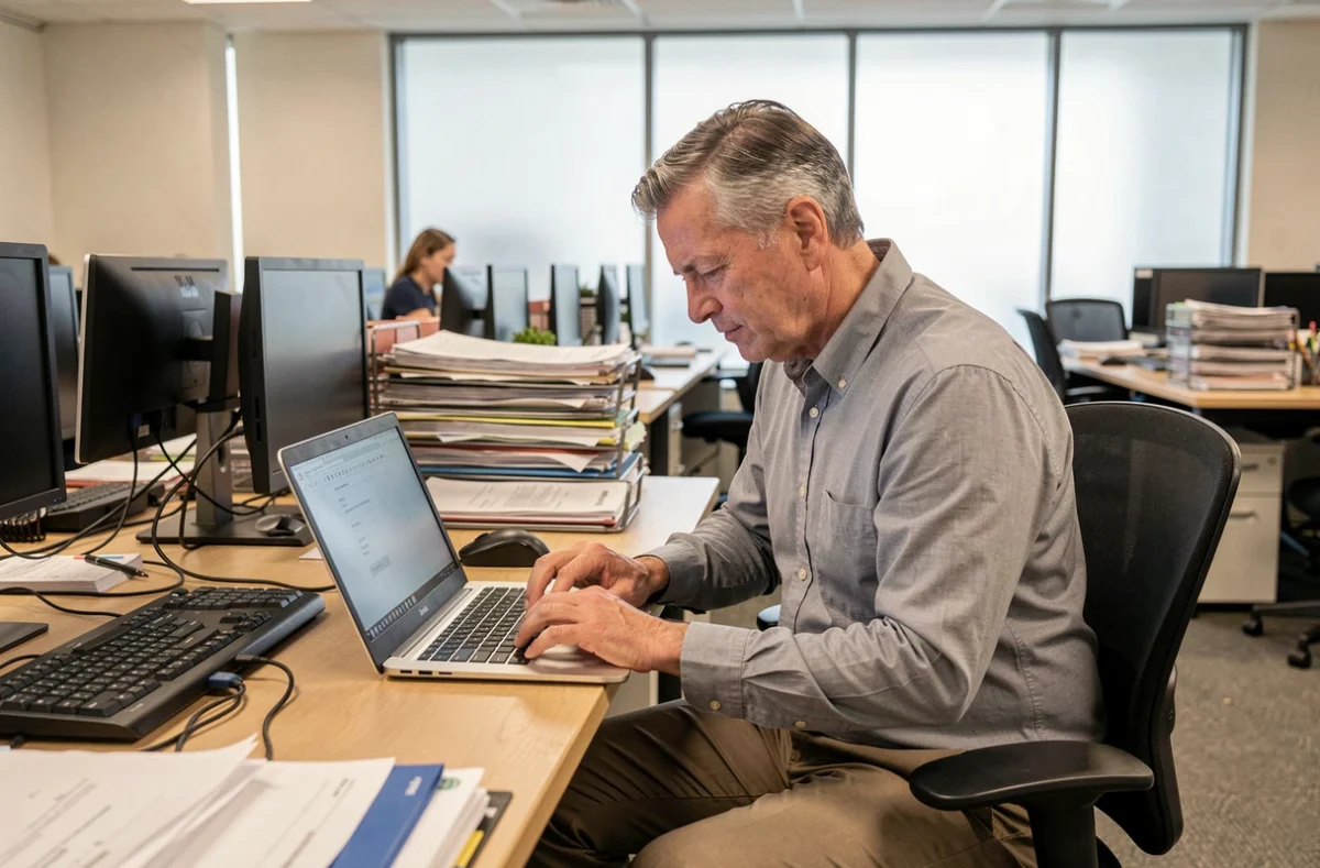 Employé de bureau souffrant d'une mauvaise posture devant son ordinateur, risque ergonomique en milieu professionnel