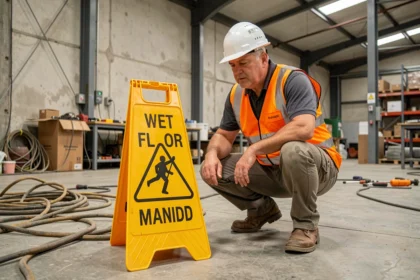 Ouvrier en bâtiment inspectant un danger au sol dans un entrepôt industriel, signe de sécurité au premier plan