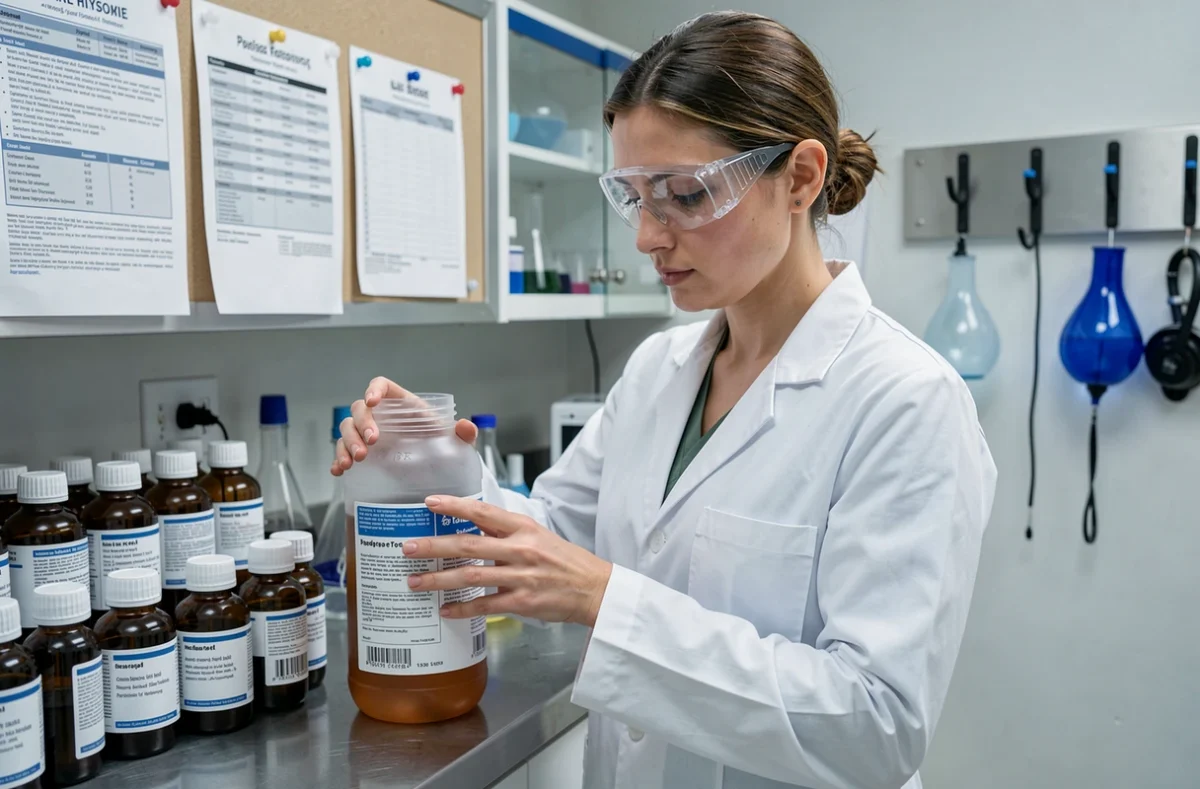 Femme scientifique en blouse blanche lisant l'étiquette d'un produit chimique dans un laboratoire, risque chimique au travail