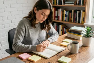 Femme planifiant un petit projet dans un bureau à domicile, prenant des notes dans un carnet entouré de post-its et d'une tasse de café