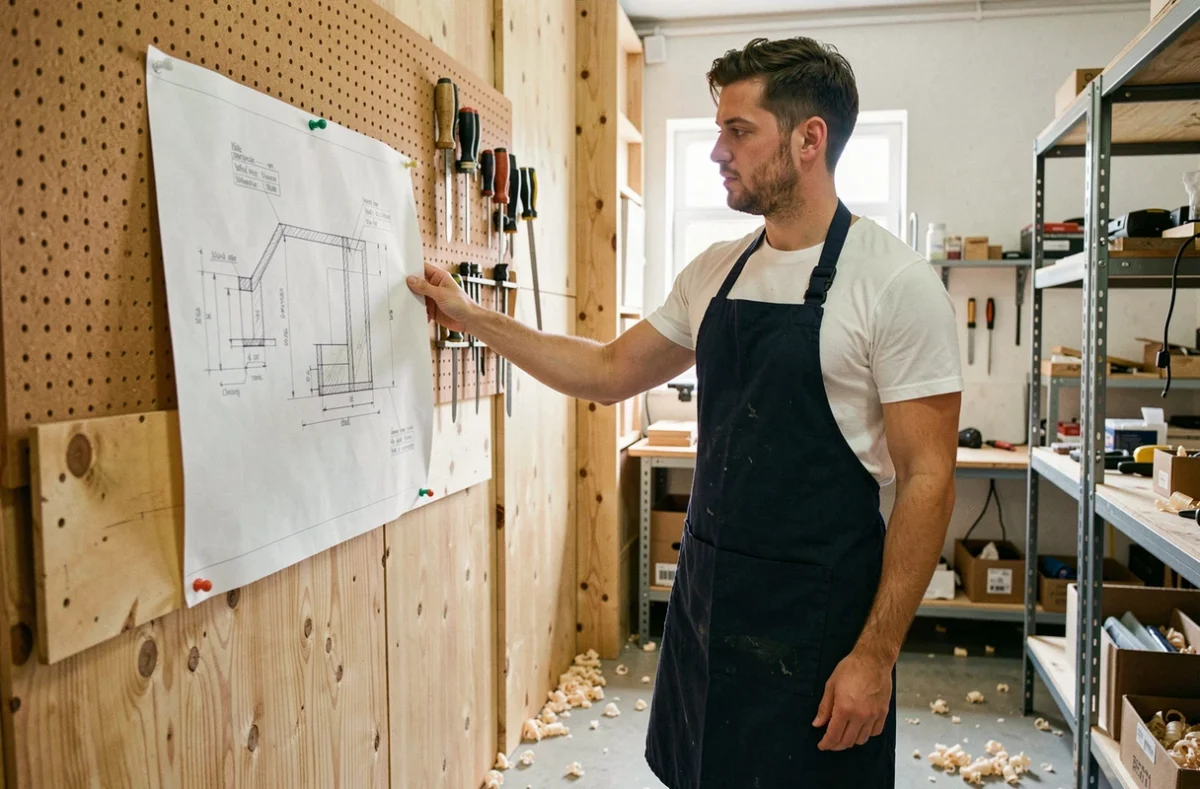 Entrepreneur débutant examinant un plan de projet artisanal dans un atelier avec des outils et un tableau de liège