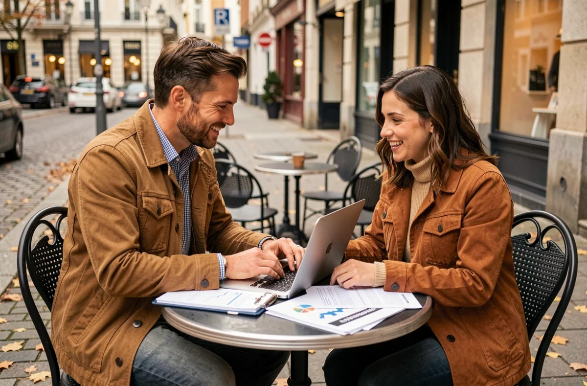 Deux personnes collaborant sur un petit projet dans un café en plein air, entourées d'un ordinateur portable et de documents imprimés