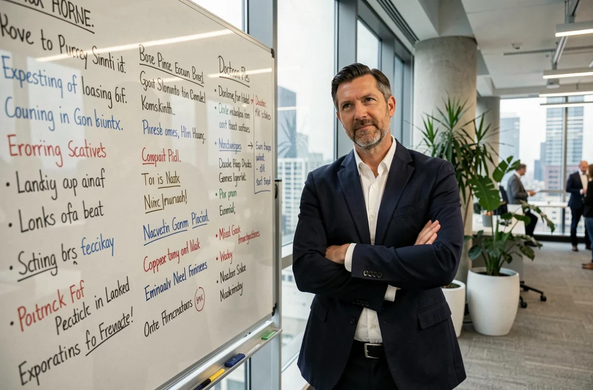 Directeur créatif présentant des slogans et textes publicitaires écrits sur un tableau blanc dans un bureau moderne avec vue urbaine