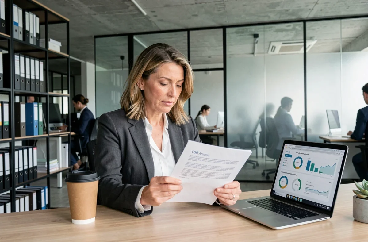 Dirigeante d'entreprise analysant un rapport annuel de responsabilité sociale et environnementale dans un bureau moderne