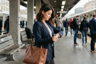 Femme cadre sur un quai de train en heure de pointe, illustrant la distance domicile-travail en transport en commun