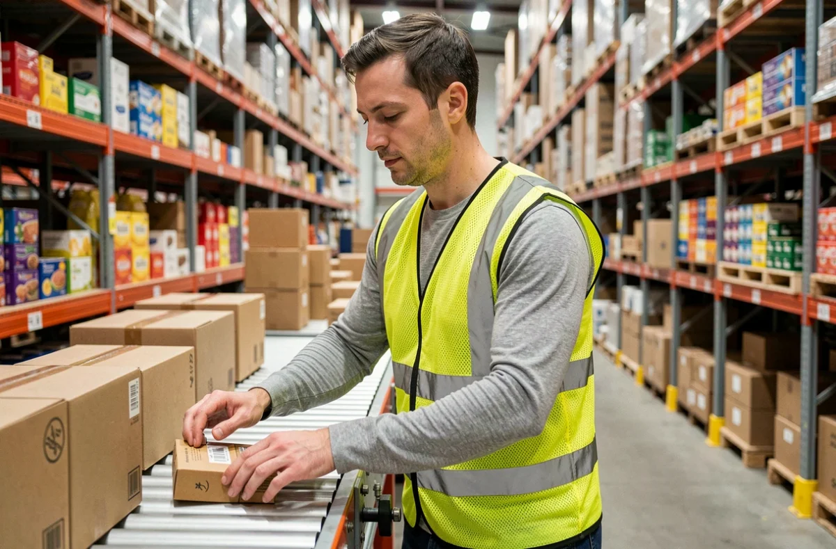 Employé d'entrepôt Zalando scannant des colis sur un tapis roulant au sein d'un grand centre de distribution logistique