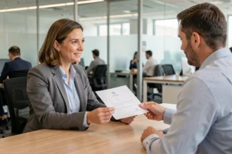 Employée remettant un document officiel à son responsable dans un bureau moderne pour signaler son déménagement