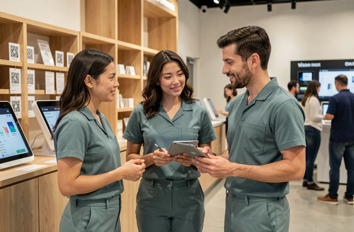 Équipe de vendeurs dans un magasin hybride moderne combinant showroom physique et bornes de commande digitales