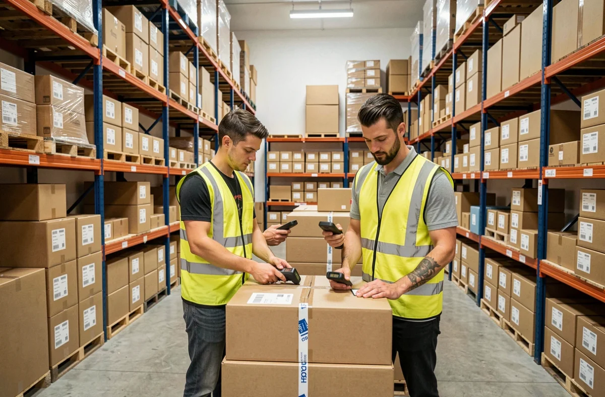 Entrepôt logistique de site e-commerce en France avec des employés préparant des commandes
