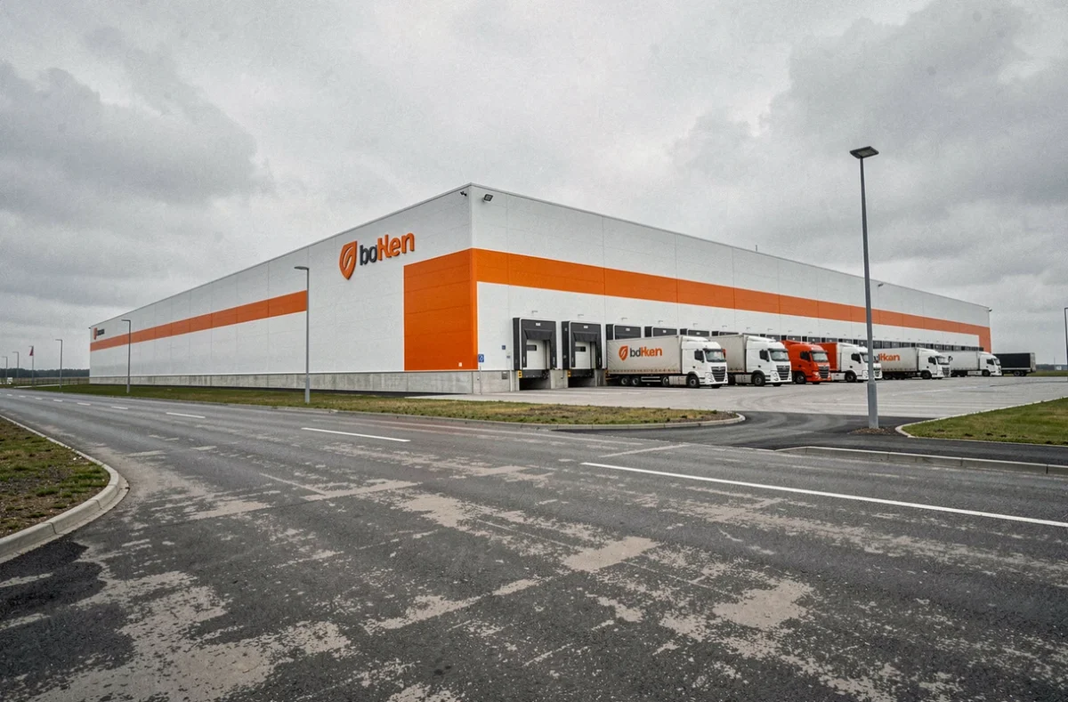 Entrepôt logistique moderne de Zalando avec quais de chargement et camions de livraison dans une zone industrielle européenne
