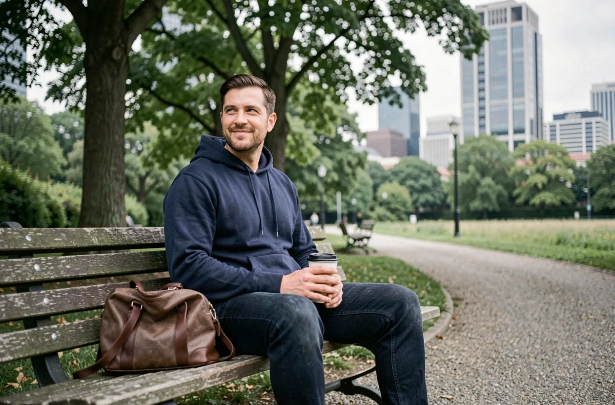 Homme faisant une pause en plein air entre deux journées de travail dans un parc urbain